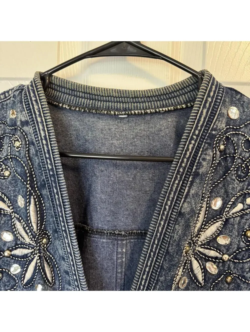 Vintage 90s Embellished Acid Wash Denim Jacket Oversized Cardigan Rhinesto Boho - Picture 9 of 9